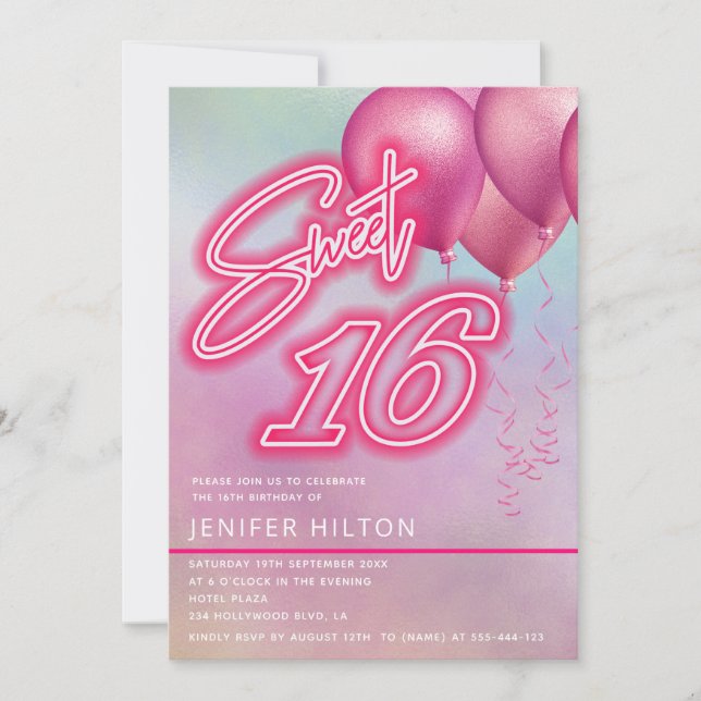 Invitation Ballon rose cool holographique néon doux 16 (Devant)