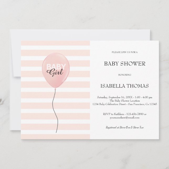 Invitation Ballon rose Fille Baby shower à rayures roses (Devant)