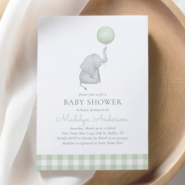 Invitation Ballon vert éléphant Baby shower neutre pour les f (Créateur téléchargé)