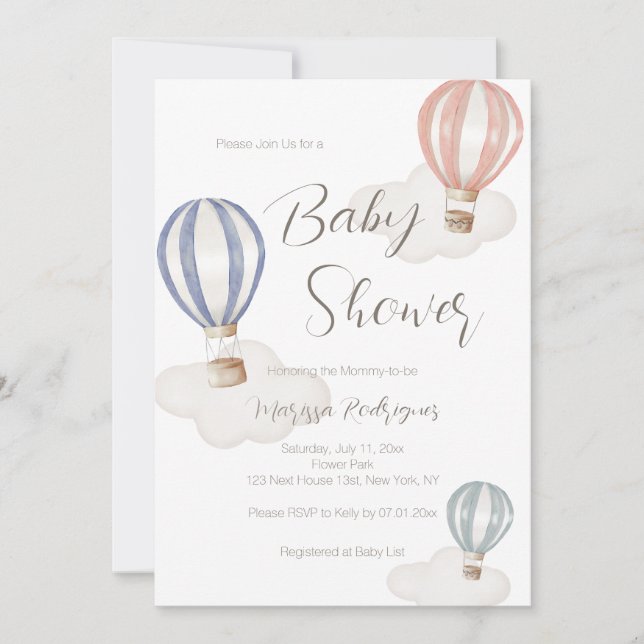 Invitation Ballons à air chaud baby shower Neutre genre (Devant)
