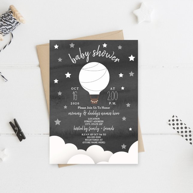 Invitation Ballons à air chaud blanc + Étoiles Noir + Douche  (Créateur téléchargé)