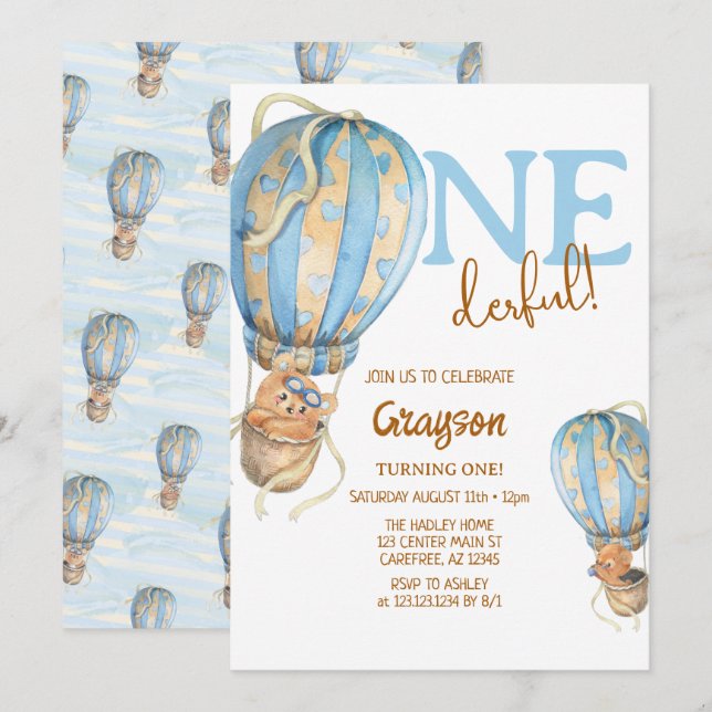 Invitation Ballons à air chaud Bleu Boho 1er anniversaire Inv (Devant / Derrière)