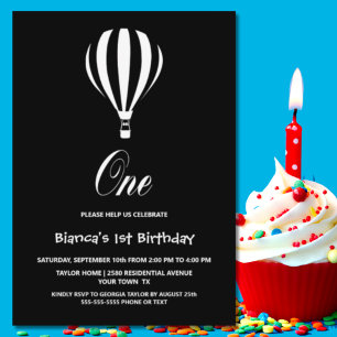 Invitation Ballons à air chaud noir et blanc 1er anniversaire