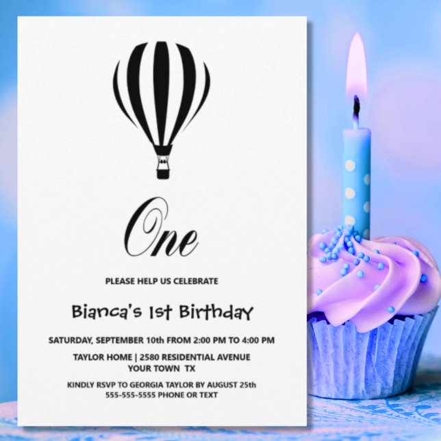 Invitation Ballons à air chaud noir et blanc 1er anniversaire (Créateur téléchargé)