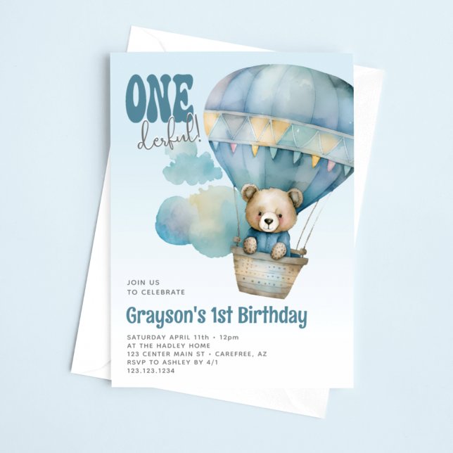 Invitation Ballons à air chaud Onederder Bleu 1er anniversair (Créateur téléchargé)