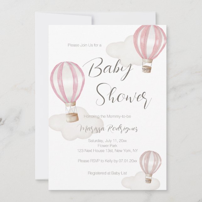 Invitation Ballons à air chaud rose Baby shower fille (Devant)