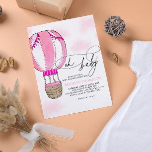 Invitation Ballons à air chaud rose - calligraphie Oh Baby sh
