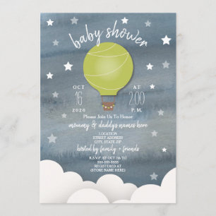 Invitation Ballons à air chaud vert + Étoiles Baby shower neu