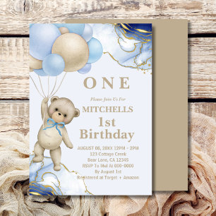 Invitation Ballons à ours en peluche mignon Abstrait Or bleu