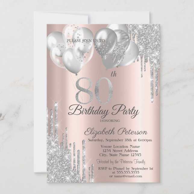 Invitation Ballons à Parties scintillant d'argent 80e anniver (Devant)