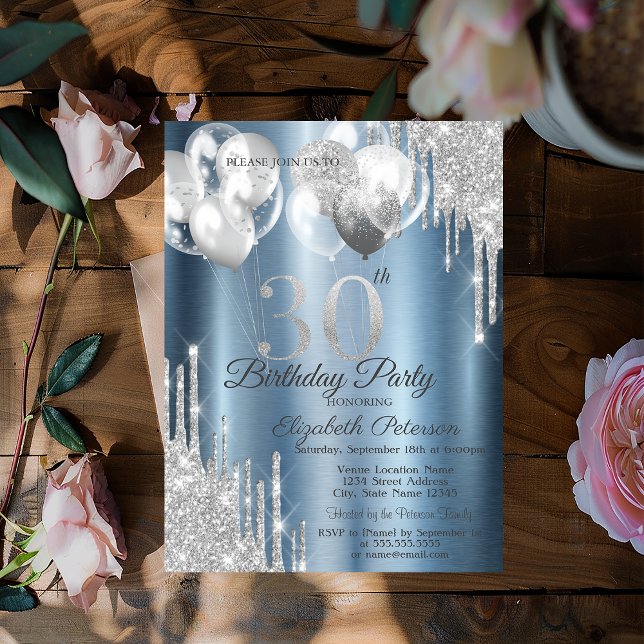 Invitation Ballons à Parties scintillant d'argent Bleu Métall (Créateur téléchargé)
