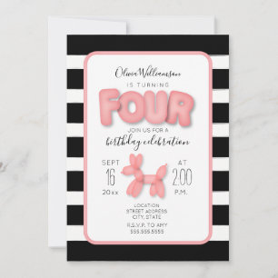 Invitation Ballons Animal Noir + Rose Blanc 4e anniversaire