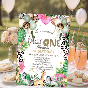 Invitation Ballons Animaux de la Jungle Feuilles 1er Annivers