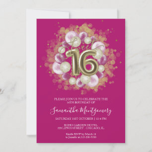 Invitation Ballons Anniversaire 16 Ans Feuille D'Or Rose Chau