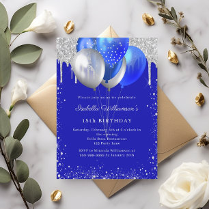 Invitation Ballons anniversaire bleu royal paillettes argent