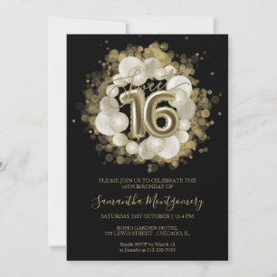 Invitation Ballons aquarelle noirs pour Sweet 16 or