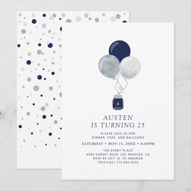 Invitation Ballons Argent et Marine Moderne Adulte fête d'ann (Devant / Derrière)