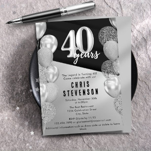 Invitation Ballons Argent Noir Masculins 40 ans Anniversaire
