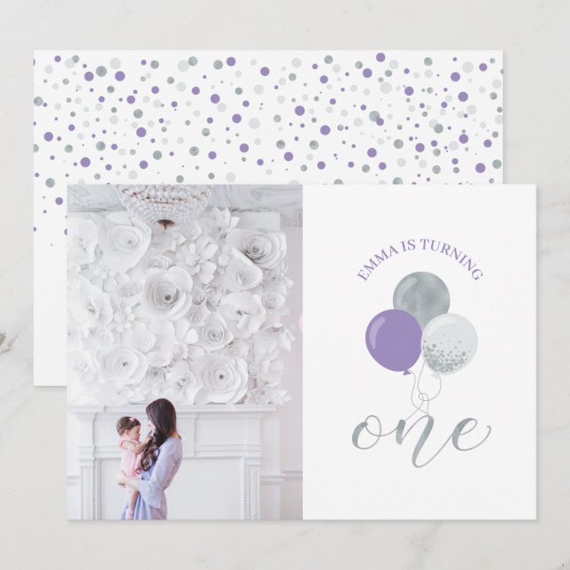 Invitation Ballons argenté et violet | Fille 1er fête d'anniv (Devant / Derrière)
