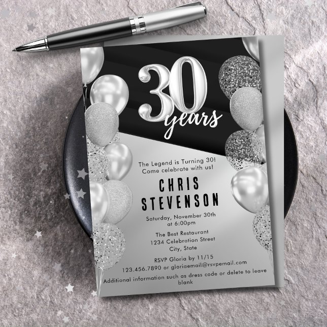 Invitation Ballons Argentés Masculins pour 30ème Anniversaire (Créateur téléchargé)