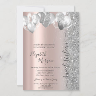 Invitation Ballons Argentés Paillettes Rose Gold Sweet 16