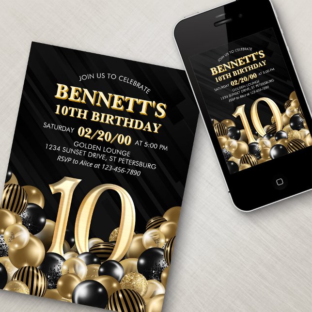 Invitation Ballons Black Gold 10e anniversaire (Créateur téléchargé)