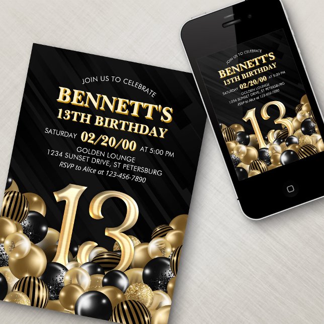 Invitation Ballons Black Gold 13e anniversaire (Créateur téléchargé)