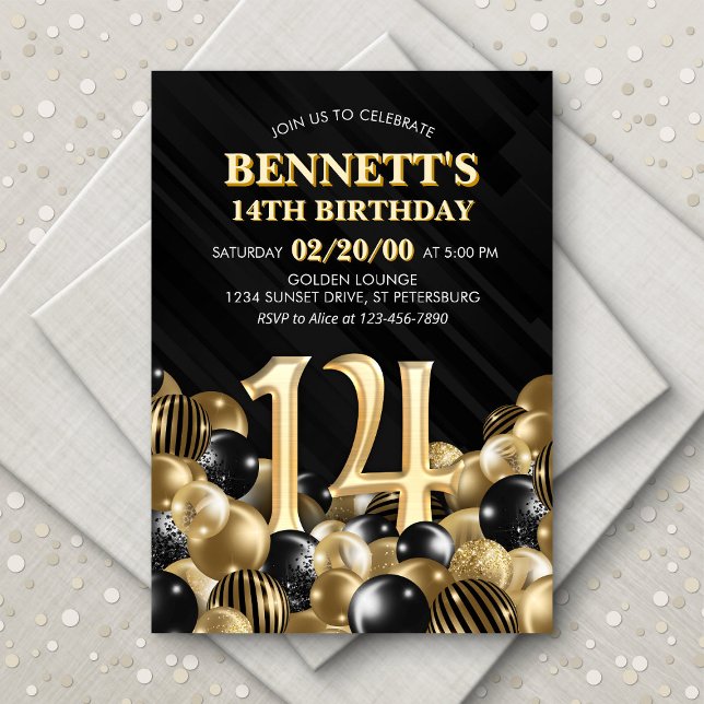 Invitation Ballons Black Gold 14e anniversaire (Créateur téléchargé)