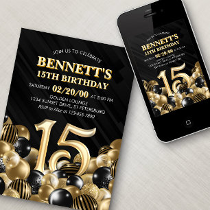 Invitation Ballons Black Gold 15e anniversaire