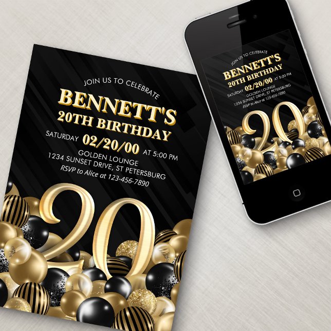 Invitation Ballons Black Gold 20e anniversaire (Créateur téléchargé)