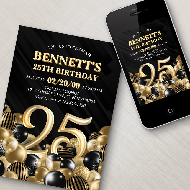 Invitation Ballons Black Gold 25e anniversaire (Créateur téléchargé)