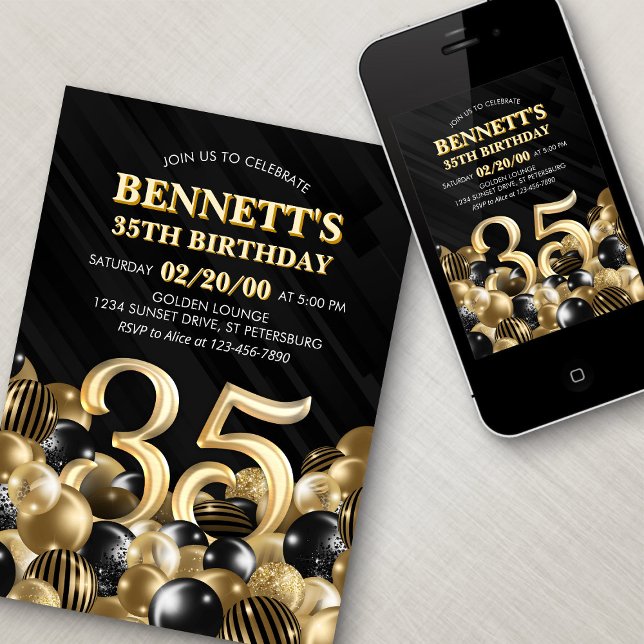 Invitation Ballons Black Gold 35e anniversaire (Créateur téléchargé)