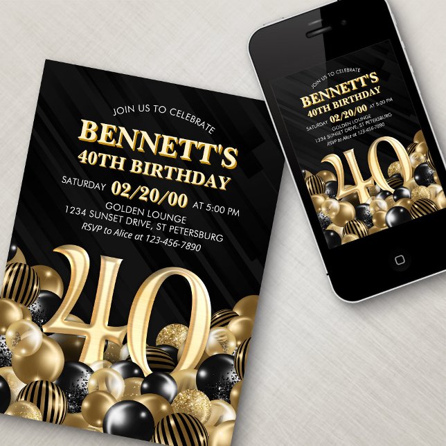 Invitation Ballons Black Gold 40e anniversaire (Créateur téléchargé)