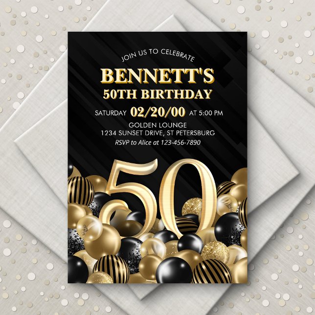 Invitation Ballons Black Gold 50e anniversaire (Créateur téléchargé)