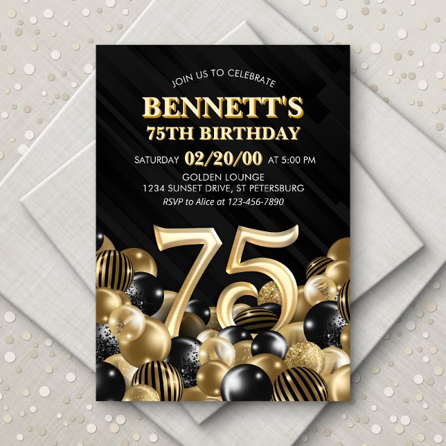 Invitation Ballons Black Gold 75e anniversaire (Créateur téléchargé)
