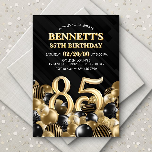 Invitation Ballons Black Gold 85e anniversaire (Créateur téléchargé)