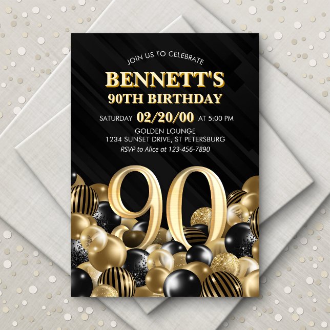 Invitation Ballons Black Gold 90e anniversaire (Créateur téléchargé)