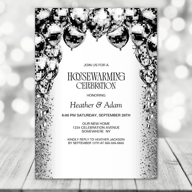 Invitation Ballons blancs noirs Fête de réchauffement domesti (Créateur téléchargé)