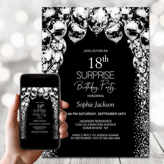 Invitation Ballons blancs noirs Surprise 18ème anniversaire (Créateur téléchargé)