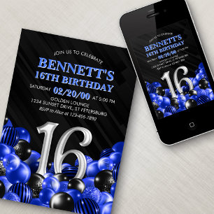 Invitation Ballons bleu 16e anniversaire