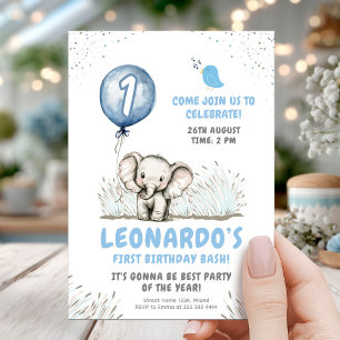 Invitation Ballons bleu Eléphant mignon 1er anniversaire