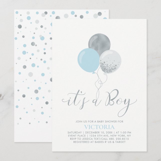 Invitation Ballons bleu et argent | C'est un Baby shower de g (Devant / Derrière)