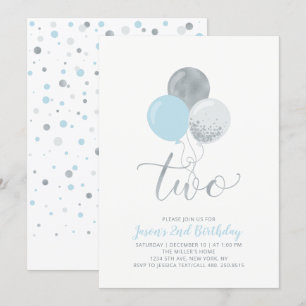 Invitation Ballons bleu et argent   Deux 2ème anniversaire de