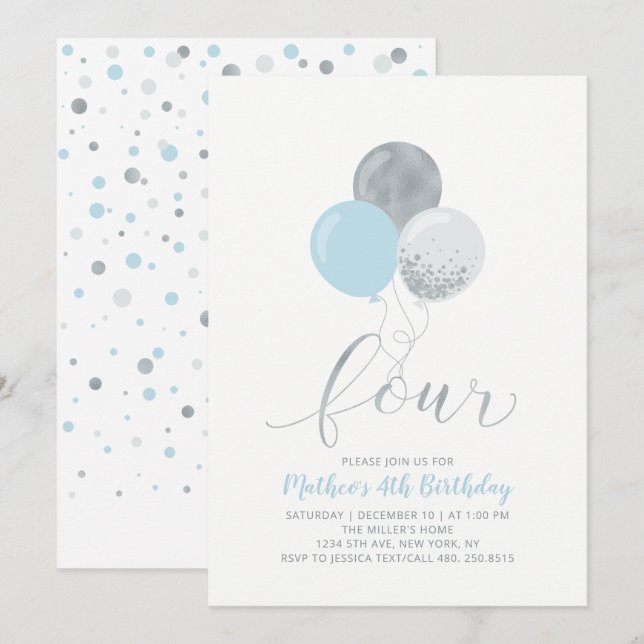 Invitation Ballons bleu et argent Quatre 4e fête d'anniversai (Devant / Derrière)
