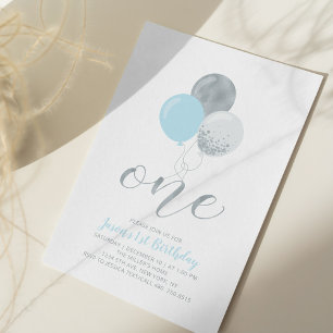 Invitation Ballons bleu et argent Un 1er anniversaire de ga