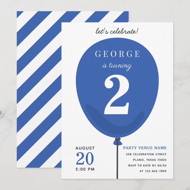 Invitation Ballons Bleu Moderne Cute Anniversaire - 2ème Anni (Devant / Derrière)