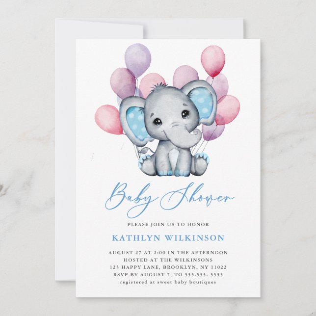 Invitation Ballons bleu petit éléphant Script Baby shower mig (Devant)