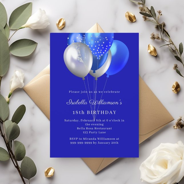 Invitation Ballons bleu royal anniversaire (Créateur téléchargé)