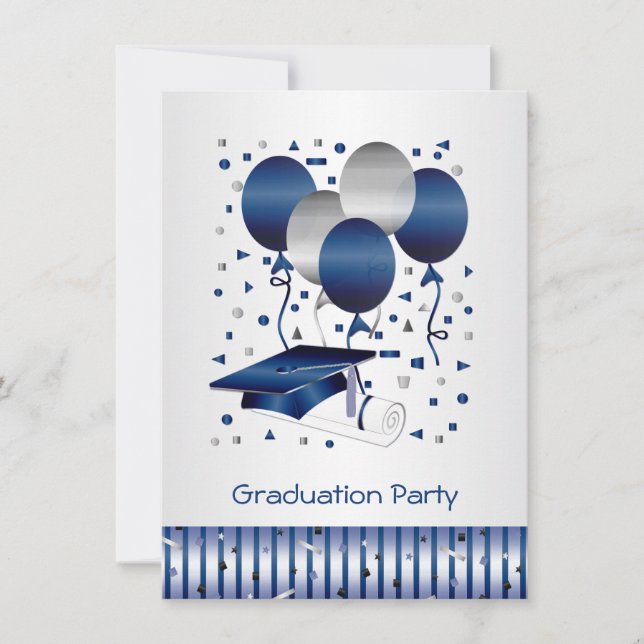 Invitation Ballons bleus argentés, Parti de la graduation du  (Devant)