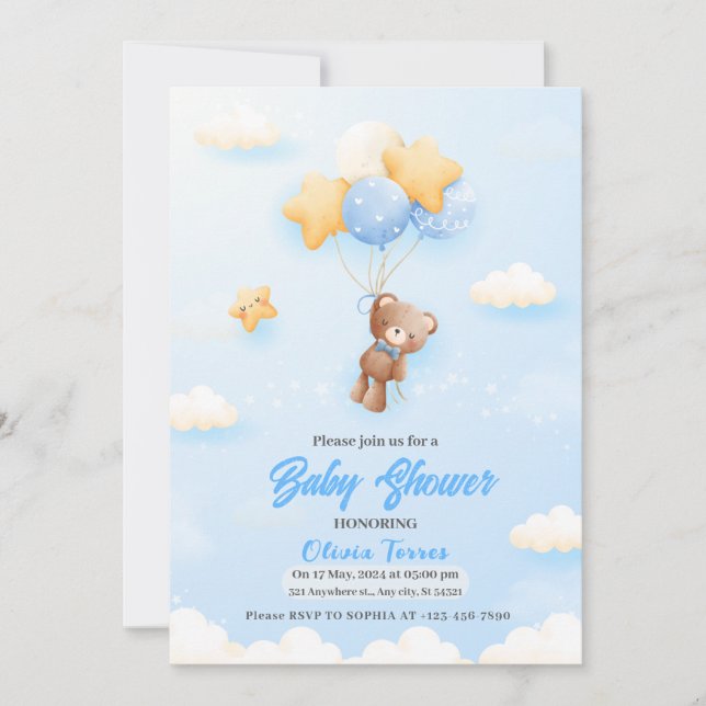 Invitation Ballons bleus, baby shower Garçon Ours Teddy (Devant)